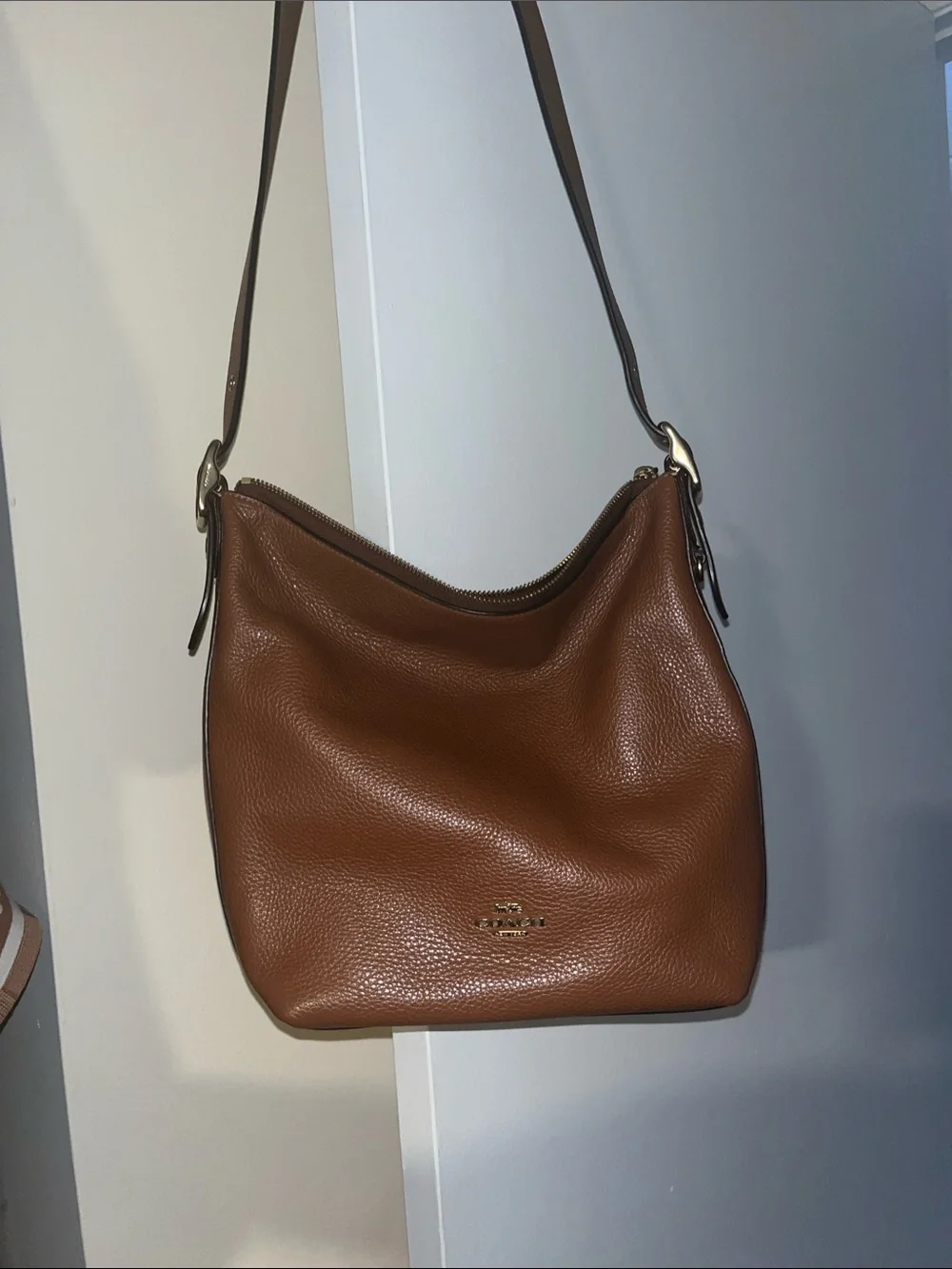 Coach Tan Pebbled Leather Crossbody Bag with Gold Logo